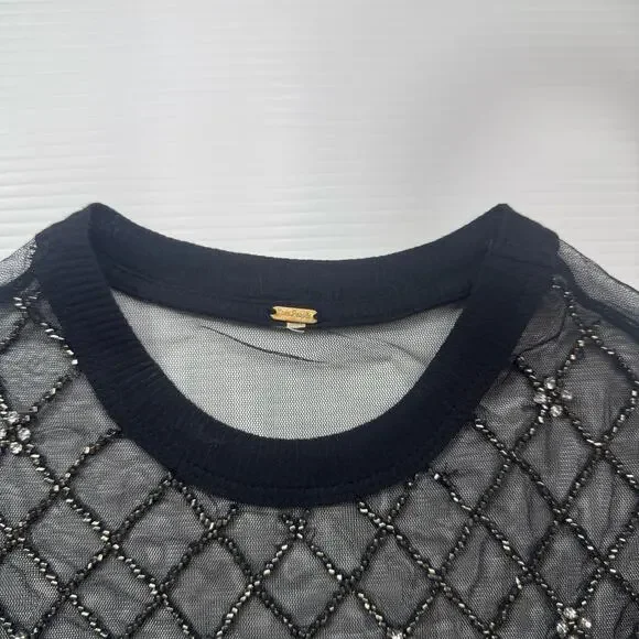 Free People Disco Nights Mesh Beaded Top Black Sheer Rhinestone Festival Unisex - Picture 11 of 16